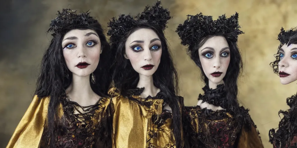 Image similar to photo taken of an epic intricate, ultra detailed, super realistic stop motion puppet of the majestic gracious regal aristocratic brunette female vampire twins and gothic filmset created by weta workshop and tim burton, menacing, wide angle, full body shots, photorealistic, sharp focus, gloomy, extremely cold blueish colour temperature, 3 5 mm, f 1. 4, golden ratio