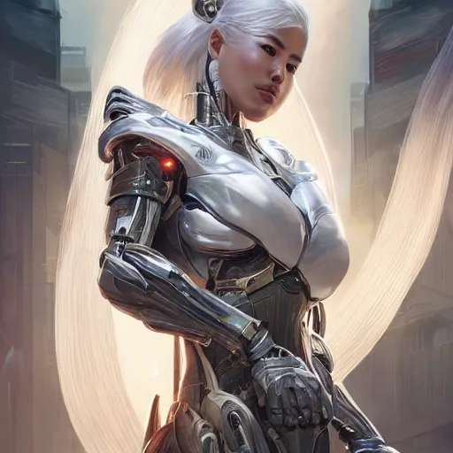 Prompt: ultra realistic illustration of cyborg song hye - kyo, warframe, intricate, utopian city, white hair, elegant, highly detailed, digital painting, artstation, concept art, smooth, sharp focus, illustration, art by artgerm and greg rutkowski and alphonse mucha