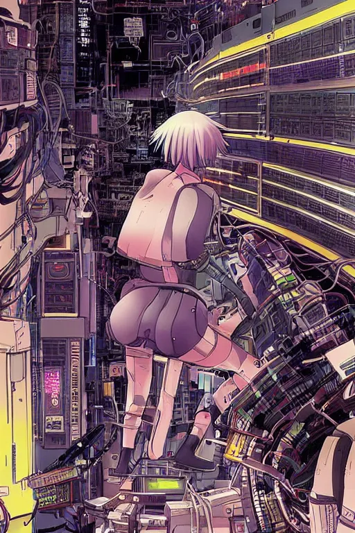 Image similar to awe inspiring cyberpunk anime style illustration of an android girl seated on the floor in a tech labor, seen from behind with her back open showing a complex mess of cables and wires, by masamune shirow and katsuhiro otomo, studio ghibli color scheme, japan, 1980s, dark, complex