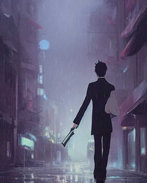 Image similar to a mystery anime of a man in a tuxedo holding a glock-19 walking down a street, gaslight, atmospheric lighting, rainy, foggy, gloomy. By Makoto Shinkai, Stanley Artgerm Lau, WLOP, Rossdraws, James Jean, Andrei Riabovitchev, Marc Simonetti, krenz cushart, Sakimichan, D&D trending on ArtStation, digital art.