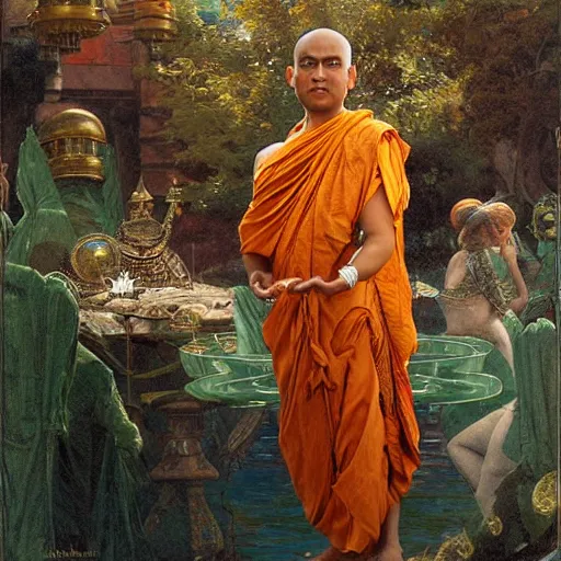 Image similar to srilankan buddhist monk blindfolded with high - teh vr steampunk headset armour baroque style, painting by gaston bussiere, craig mullins, j. c. leyendecker, lights, art by ernst haeckel, john william godward, hammershøi,