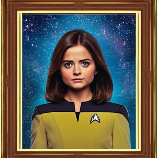 Prompt: a full body photograph of jenna coleman as a star fleet science officer from star trek next generation, full dress uniform, symmetrical face, extreme realism and detail, 8 k, completely framed, direct lighting, 3 5 mm photo, photorealistic, sharp focus