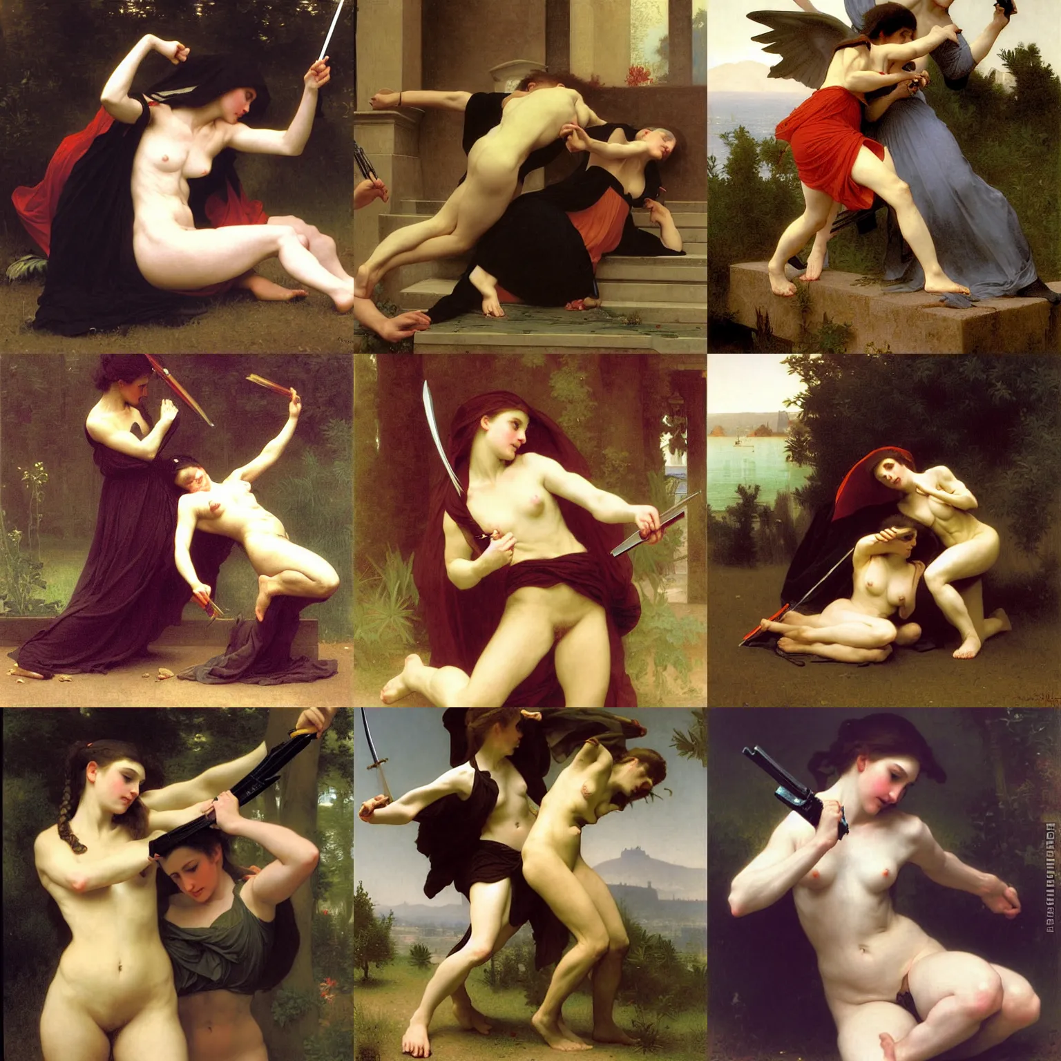 Prompt: assassin striking its victim by bouguereau