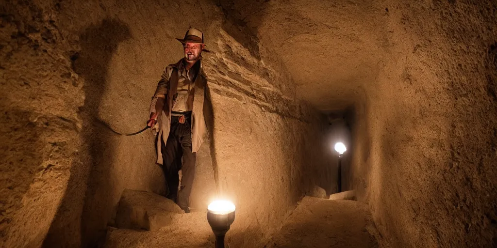 Image similar to Indiana Jones with a torch walking down a staircase into a dark Ancient Egyptian Sandstone tomb