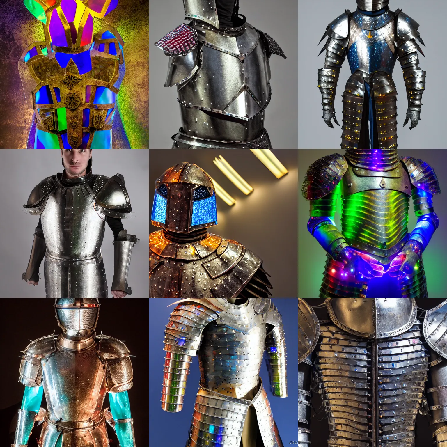 Prompt: medieval light armor made of colored glass shards by chris wood, shining led lights inside, detailed 4 k photo