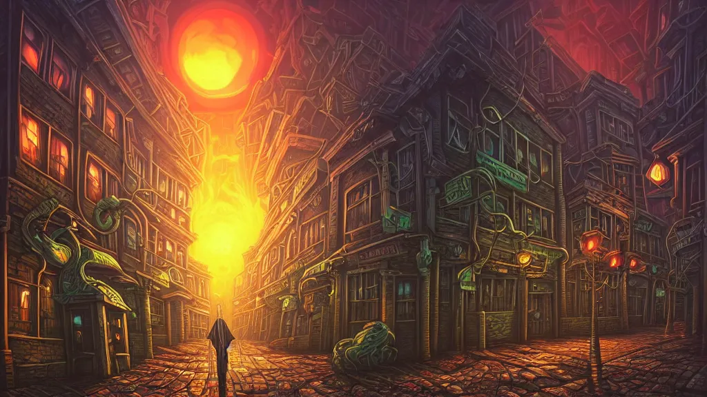 Image similar to empty lovecraftian Metropolis. cthulhu statue. lovecraftian city at sunset by cyril rolando and naomi okubo and dan mumford and ricardo bofill. lovecraft. cobbled streets. oil lamp posts. lovecraftian. sunset swirly sky.