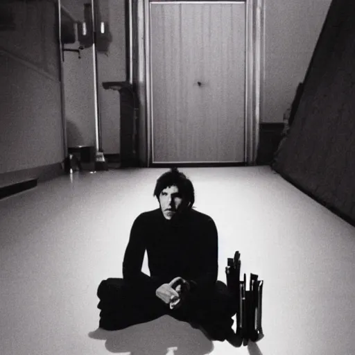 Prompt: a man sitting on the floor with a cup of coffee, an album cover by John Cale, tumblr, neo-figurative, movie still, wiccan, 1990s