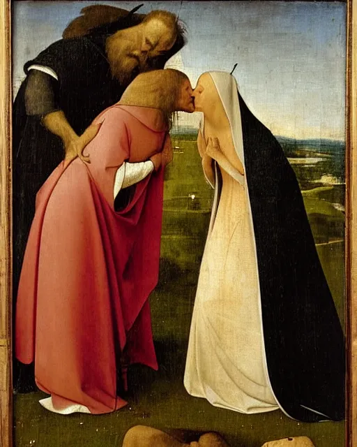 Image similar to The Kiss by Francesco Paolo Hayez painting by Hieronymus Bosch