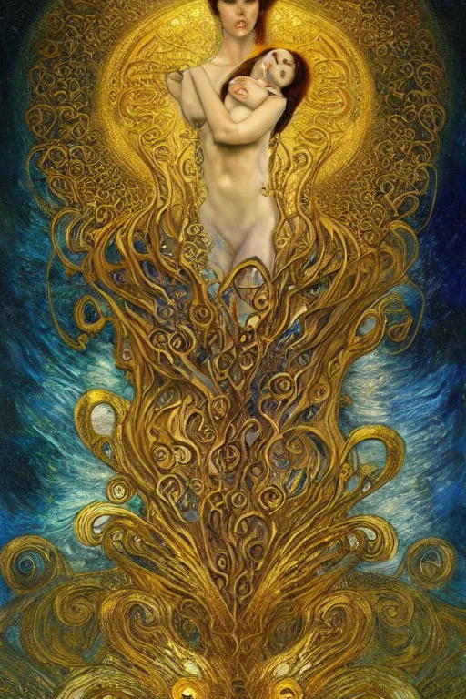 Image similar to Visions of Paradise by Karol Bak, Jean Deville, Gustav Klimt, and Vincent Van Gogh, visionary, otherworldly, fractal structures, infinite celestial wings, ornate gilded medieval icon, third eye, spirals, heavenly spiraling clouds with godrays, airy colors