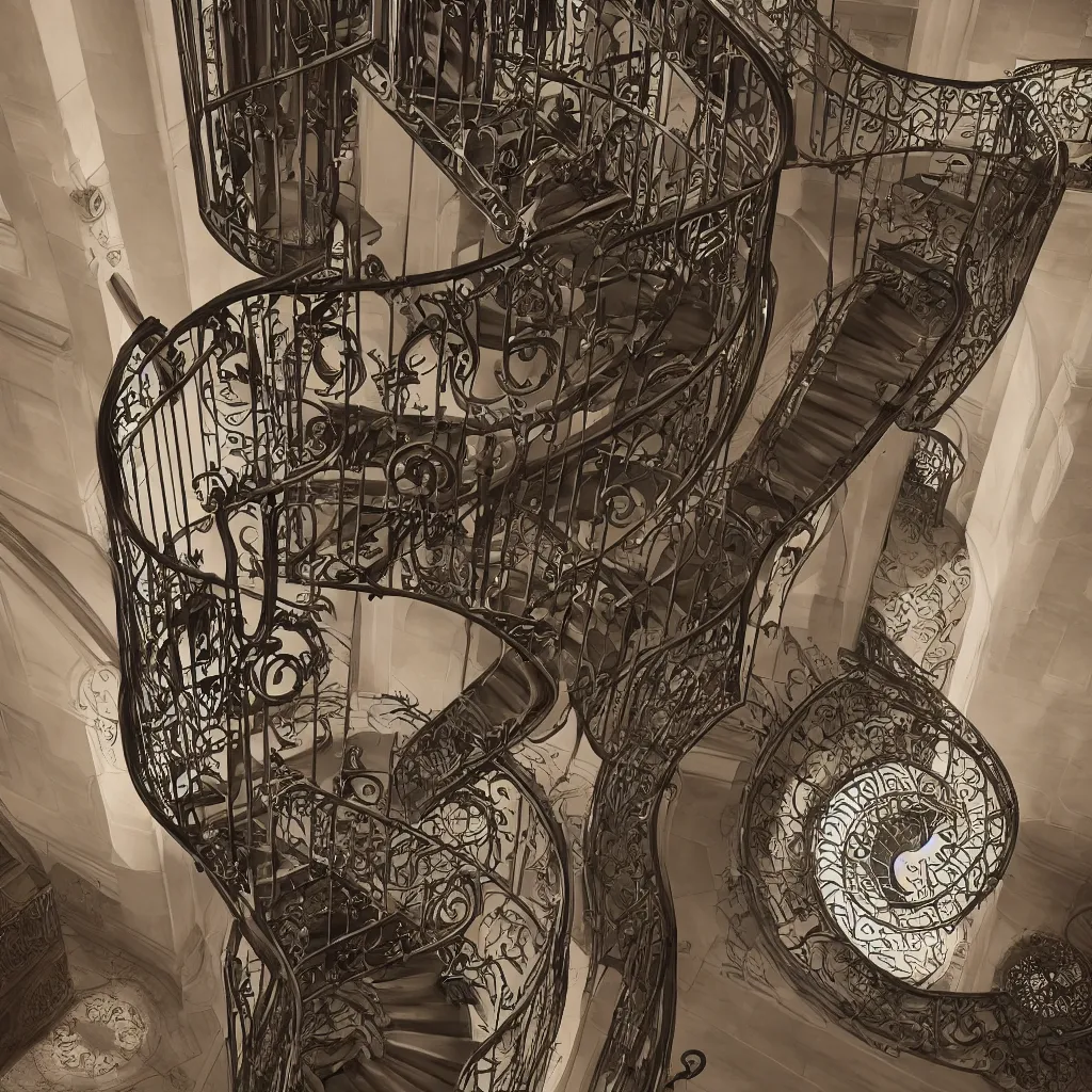 Image similar to a realistic art - nouveau spiral staircase. dark stairs. tall building, seen from the top. realistic shadows of cats. detailed, octane render, hyperrealistic, very coherent, hyper realism, high detail, octane render, 8 k