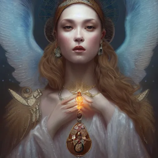 Image similar to A beautiful digital painting of a female Seraphim full of jewels, princess, the moon behind her, intricate, cinematic lighting, highly detailed, digital painting, Artstation, concept art, smooth, sharp focus, illustration, art by Tom Bagshaw, Artgerm and Greg Rutkowski