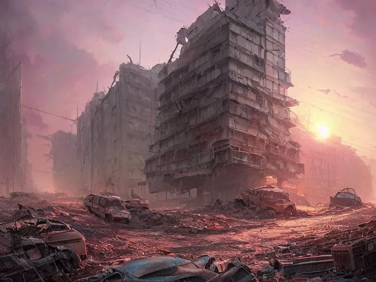 Prompt: postapocalyptic city of syzran!!!, militaristic!!!, rubble, hyperrealistic, highly detailed, cinematic, pink sunlight, romantic, beautiful, cgssociety, artstation, 8 k, oil painting by greg rutkowski, by artgerm, by wlop