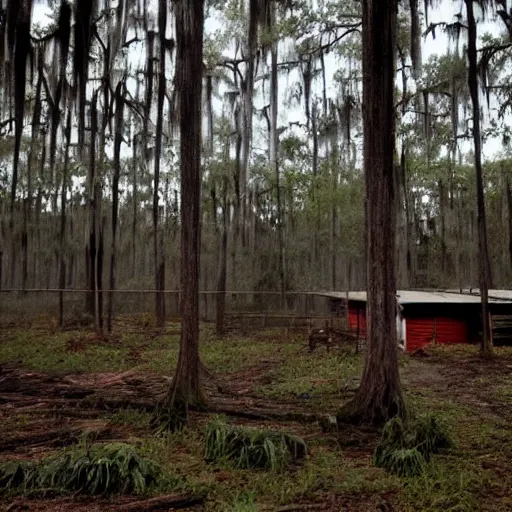 Prompt: creepy macabre backwoods distillery in the middle of Louisiana swamp Forest