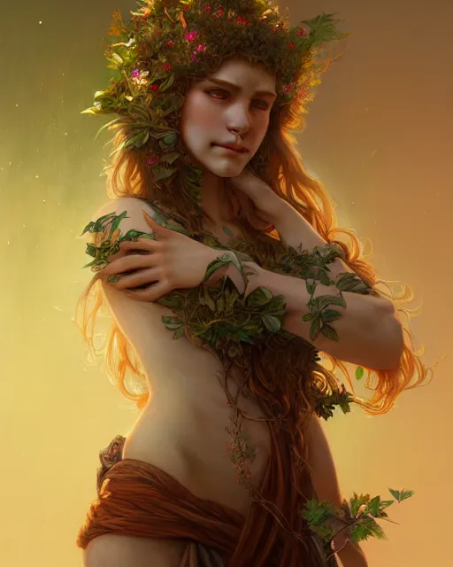 Prompt: beautiful female druid, portrait, fantasy, young, detailed, hyperrealism, intricate, leaves and simple cloth, dynamic lighting, digital art, digital painting, artstation, wlop, sharp focus, illustration, art by artgerm and greg rutkowski and alphonse mucha, 8 k