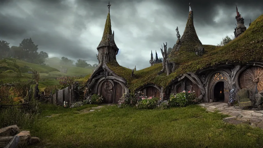 Image similar to wide shot of hobbiton in the style of dark souls, fromsoftware, elden ring, bloodborne