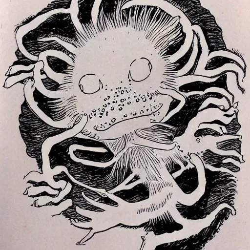 Image similar to an axolotl drawn by junji ito