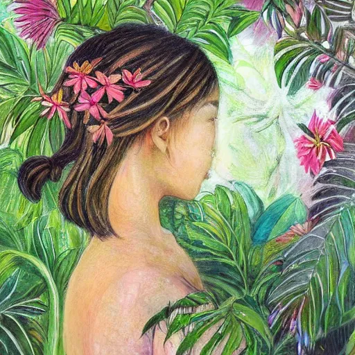 Image similar to a girl in a jungle smelling flowers, her hair flowing down, subtle, intricate details, real masterpiece, oil on canvas, by somsak anong