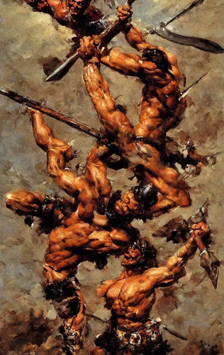 Image similar to a muscular barbarian warrior raising a spear, oil painting by frank frazetta