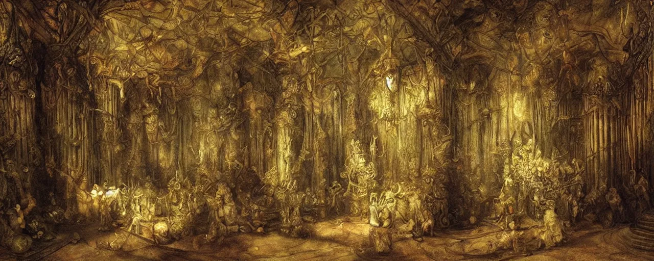 Prompt: hyperrealistic photo of the unseelie court inside of a gothic throne room forest painted by rembrandt