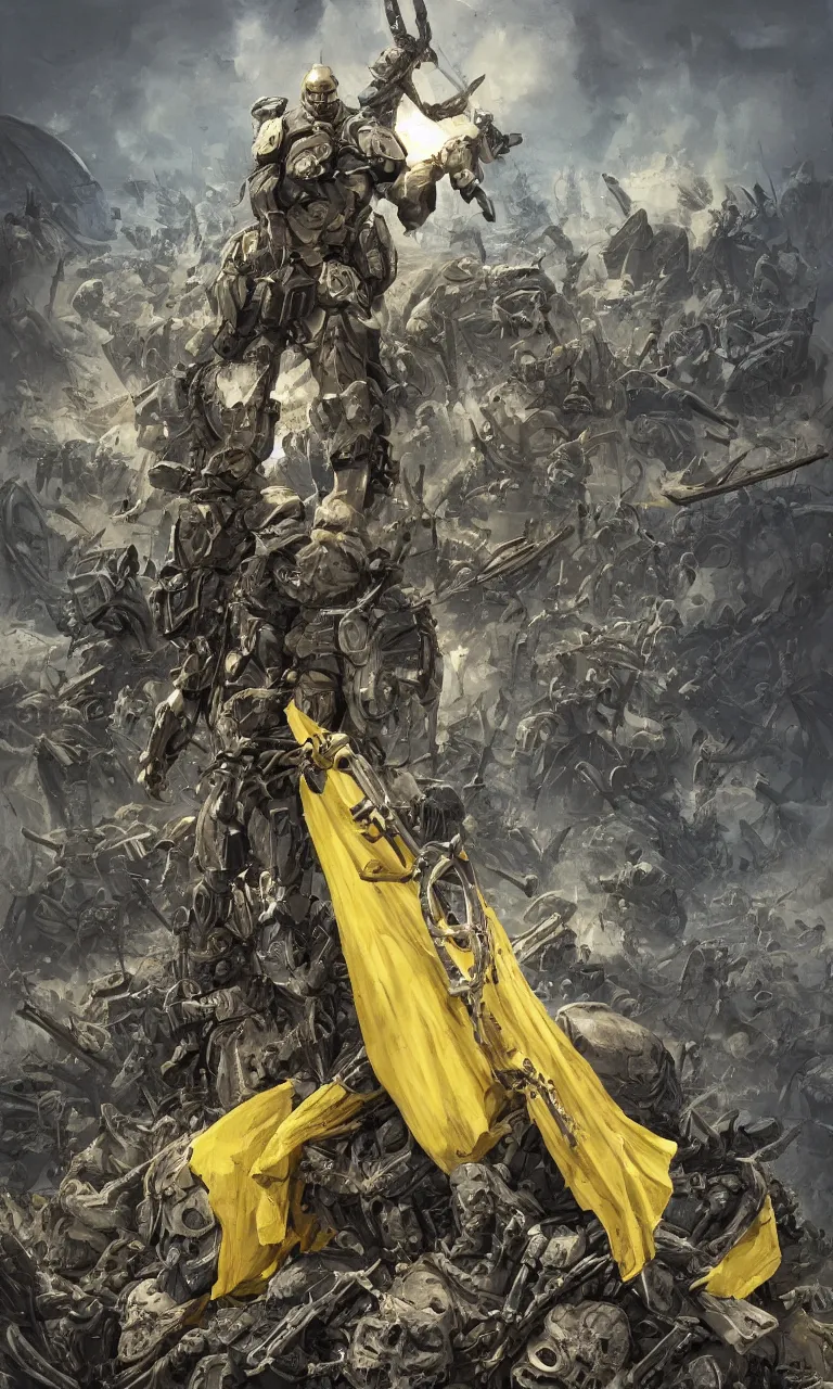 Image similar to a distant shot of a super soldier with blue and yellow flag and a trident symbol standing alone on a huge pile of skulls as a winner, masculine figure, D&D, fantasy, intricate, elegant, highly detailed, extremely detailed, digital painting, artstation, concept art, matte, smooth, sharp focus, illustration, art by Artgerm and Greg Rutkowski and Alphonse Mucha