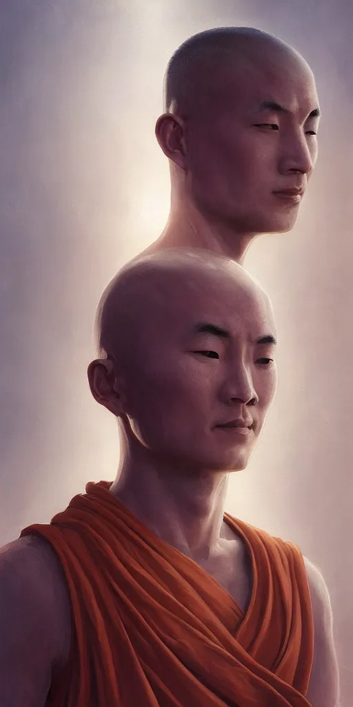 Prompt: portrait of a serene futuristic buddhist monk experiencing ego death, sunrise, heroic lighting, cyberpunk, intricate, elegant, highly detailed, lifelike, photorealistic, digital painting, artstation, illustration, concept art, smooth, sharp focus, art by John Collier and Albert Aublet, bright warm colour tone