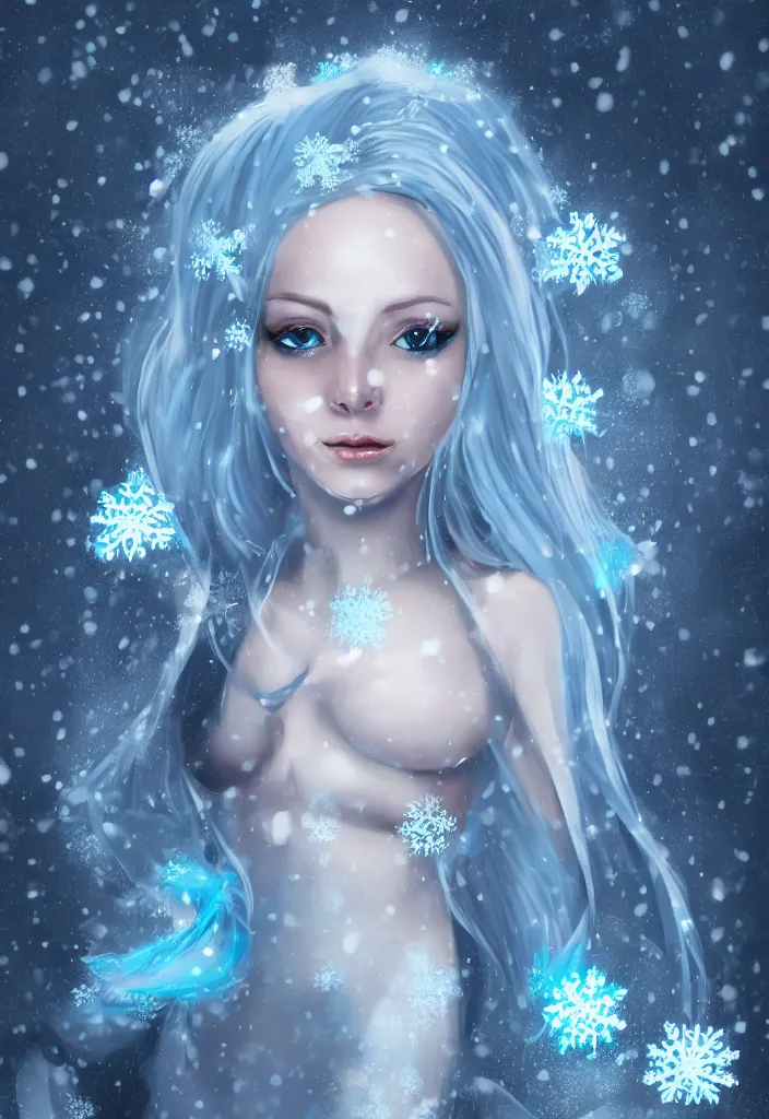 Prompt: full body portrait of a stunningly pretty woman with pale blue hair wearing a dress made out of snowflake in the middle of a snowstorm. award - winning digital art, trending on artstation