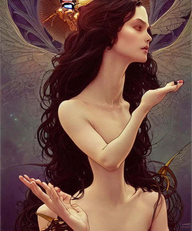 Prompt: beatiful woman is seeing an angelic version of her self, dark surrealism , scifi, intricate, elegant, highly detailed, artstation, concept art, smooth, sharp focus, illustration, art by artgerm and moebius and alphonse mucha