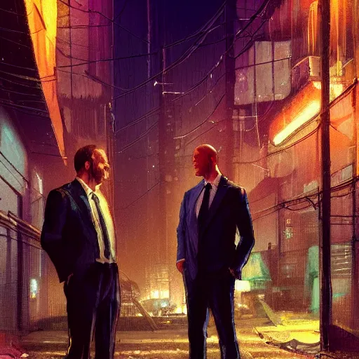 Image similar to two businessman talking, detailed digital illustration by greg rutkowski, cyberpunk back alley, nighttime, colorful lighting