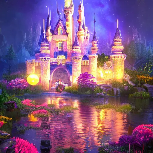 Image similar to a single glittering fairy castle at night, a full moon, water and colourful flowers, extremely detailed oil painting, unreal 5 render, fantasy digital art, octane render, beautiful composition, trending on artstation, award-winning photograph, masterpiece