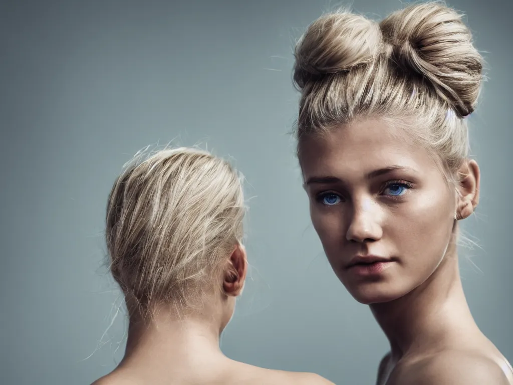 Image similar to photorealistic head and shoulders photo of one!!! beautiful blonde girl with messy bun facing away from the camera, 3 5 mm, confident, tattoos, octane render, bokeh, 4 k, fashion pose, cinematic, national geographic photo shoot,