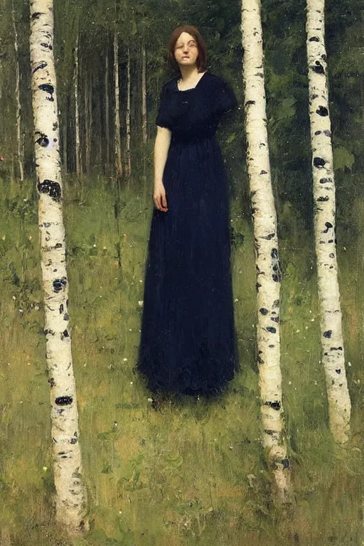 Image similar to “ italian woman, summer dress, standing between birch trees in a dense forest, jeremy lipking, joseph todorovitch ”