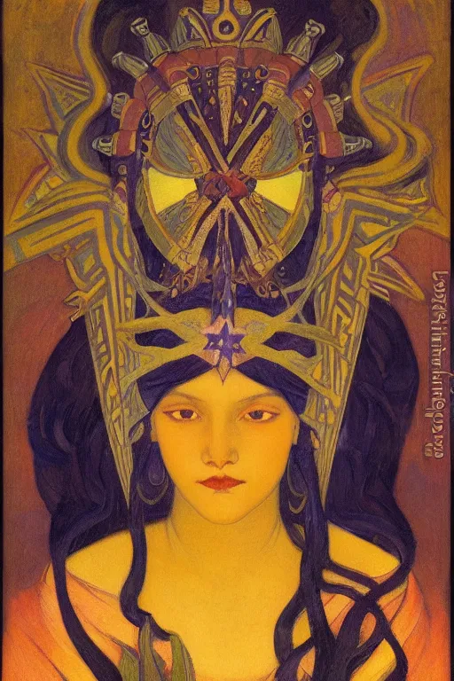 Prompt: queen of midnight with stars in her hair by Nicholas Roerich and Annie Swynnerton and Diego Rivera and jean delville, dramatic cinematic lighting , dark skin, ornate headdress , flowing robes, sacred artifacts, lost civilizations, smooth, sharp focus, extremely detailed