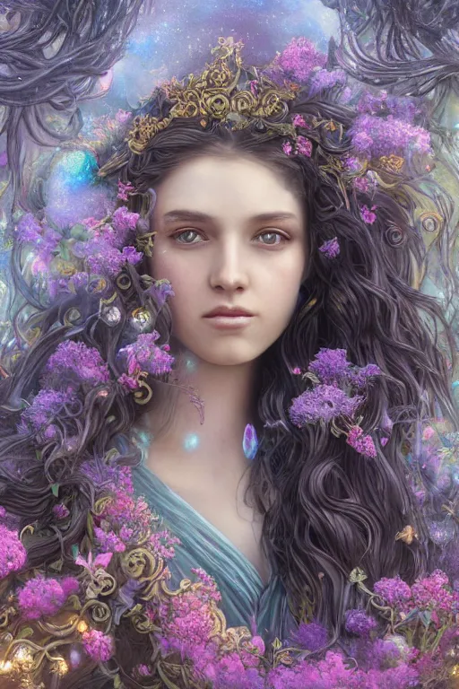 Image similar to elaborately detailed close up portrait of an extremely beautiful girl with long dark hair surrounded by flowers, an eerie mist and ethereal rainbow bubbles, Aetherpunk, high fantasy professionally painted digital art painting, fantasy matte painting movie poster, Art Nouveau, smooth, sharp focus, atmospheric lighting, highly detailed illustration highlights, backlight, golden ratio, 8K detail post-processing, symmetrical facial features, rich deep moody colors, majestic, dark epic fantasy, award winning picture, sense of awe, featured on DeviantArt, trending on cgsociety