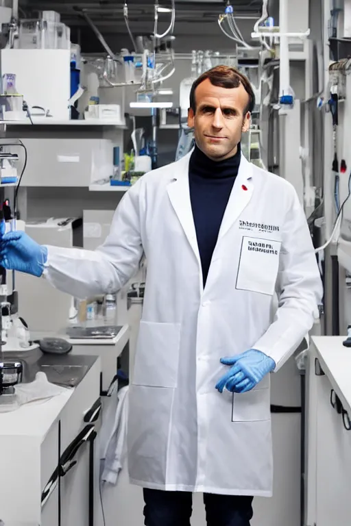 Prompt: emmanuel macron standing in a lab while wearing a lab coat and gloves, highly detailed, digital art, sharp focus, trending on art station