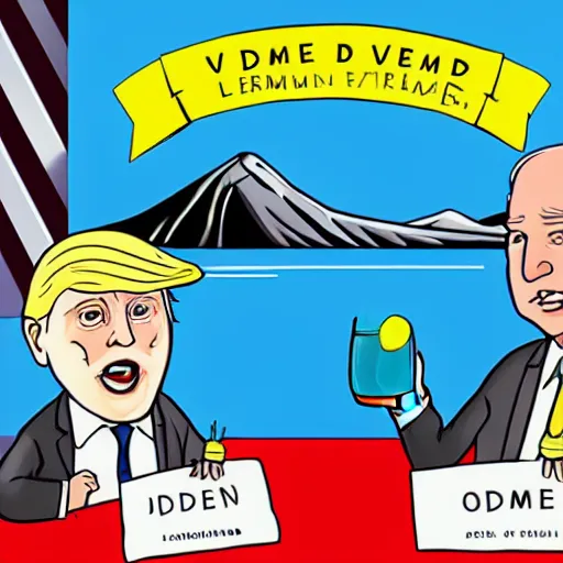 Image similar to cartoon drawing of Biden and Trump together drinking a lemon drink with Rio de Janeiro mountains on the background