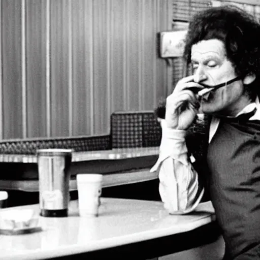 Image similar to A still of Ronald McDonald smoking a cigar in a diner from a gritty 1970s film directed by Martin Scorsese