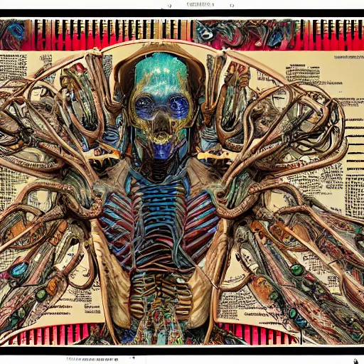 Prompt: cyberpunk, highly detailed labeled medical anatomy poster, anatomical drawing on poster paper with notes, extra beautiful colorful full page antique lithograph of artnouveau borders and designs, muted colors, parchment paper, art print, well - lit, ray tracing, horror, eldritch abomination, hyper realistic, 8 k post - processing