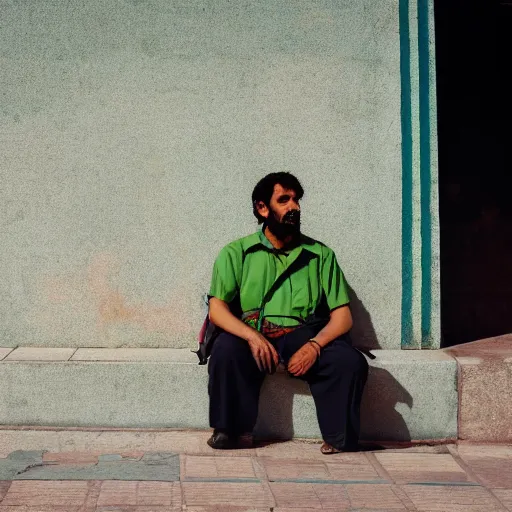 Prompt: a man sitting on a bench in front of a building, a character portrait by kamal ud - din behzad, featured on unsplash, neo - primitivism, matte photo, photo taken with ektachrome, studio portrait