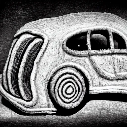 Image similar to car in bread, photograph, 4 k black and white photograph