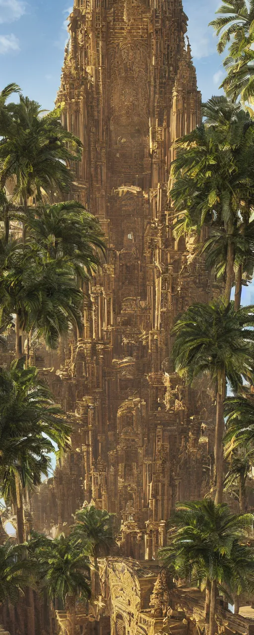 Prompt: photorealistic eye level conteporary babylon tower, golden intricate details, stone facade, sacred ancient architecture, hanging gardens, cascading highrise, arid mountains with lush palm forest, sunlight, post - production, octane, cgi, sfx
