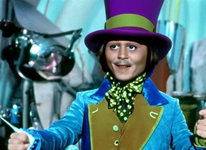 Image similar to film still of Johnny Depp as Willy Wonka in Willy Wonka and the Chocolate Factory 1971