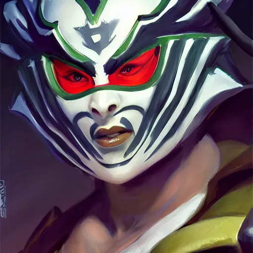 Prompt: greg manchess portrait painting of jade from mortal kombat wearing an oni halfmask as overwatch character, medium shot, asymmetrical, profile picture, organic painting, sunny day, matte painting, bold shapes, hard edges, street art, trending on artstation, by huang guangjian and gil elvgren and sachin teng