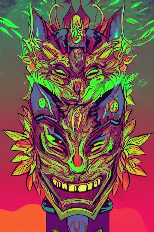 Image similar to animal mask totem roots flower tribal feather gemstone plant wood rock shaman vodoo video game vector cutout illustration vivid multicolor borderlands comics by josan gonzales and dan mumford radiating a glowing aura