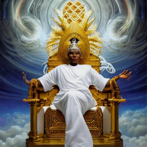 Image similar to obatala the cosmic god wearing all white and gold sitting on a throne of nebula clouds, by Adi granov and afarin sajedi in a surreal portrait style, oil on canvas, volumetric lighting, glowing eyes, detailed face, orisha, 8k, hd