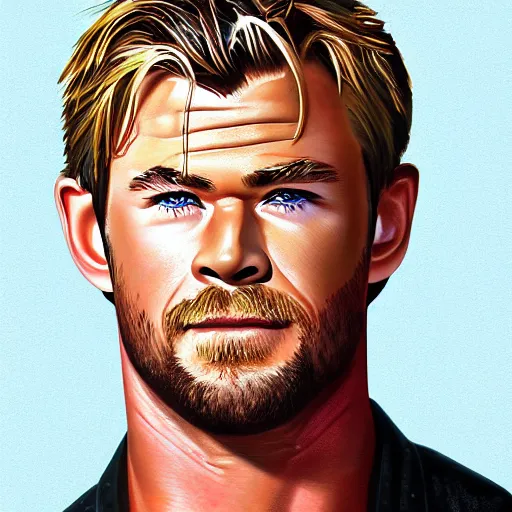 Image similar to portrait of chris hemsworth, highly detailed, centered, solid color background, digital painting