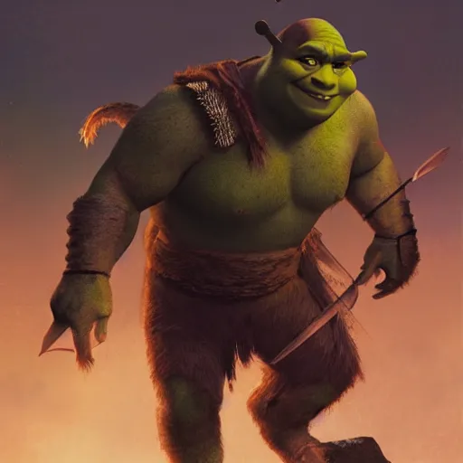 Prompt: shrek as an ancient mythological warrior deity, epic fantasy illustration, portrait, godly and ethereal, by greg rutkowski