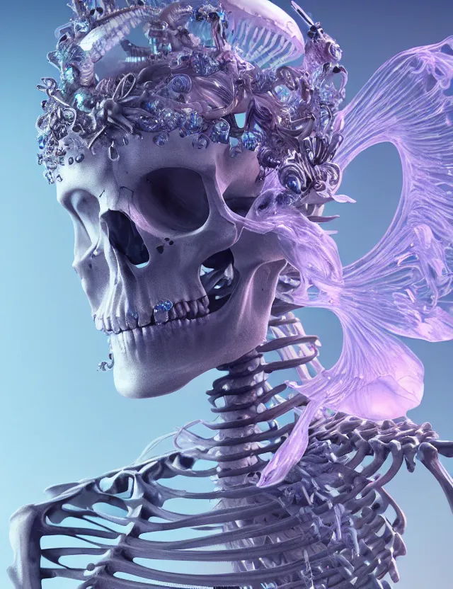 Image similar to 3 d goddess skeleton macro close - up portrait with crown made of ram skull. betta fish, jellyfish phoenix, bioluminiscent, plasma, ice, water, wind, creature, super intricate ornaments artwork by tooth wu and wlop and beeple and greg rutkowski