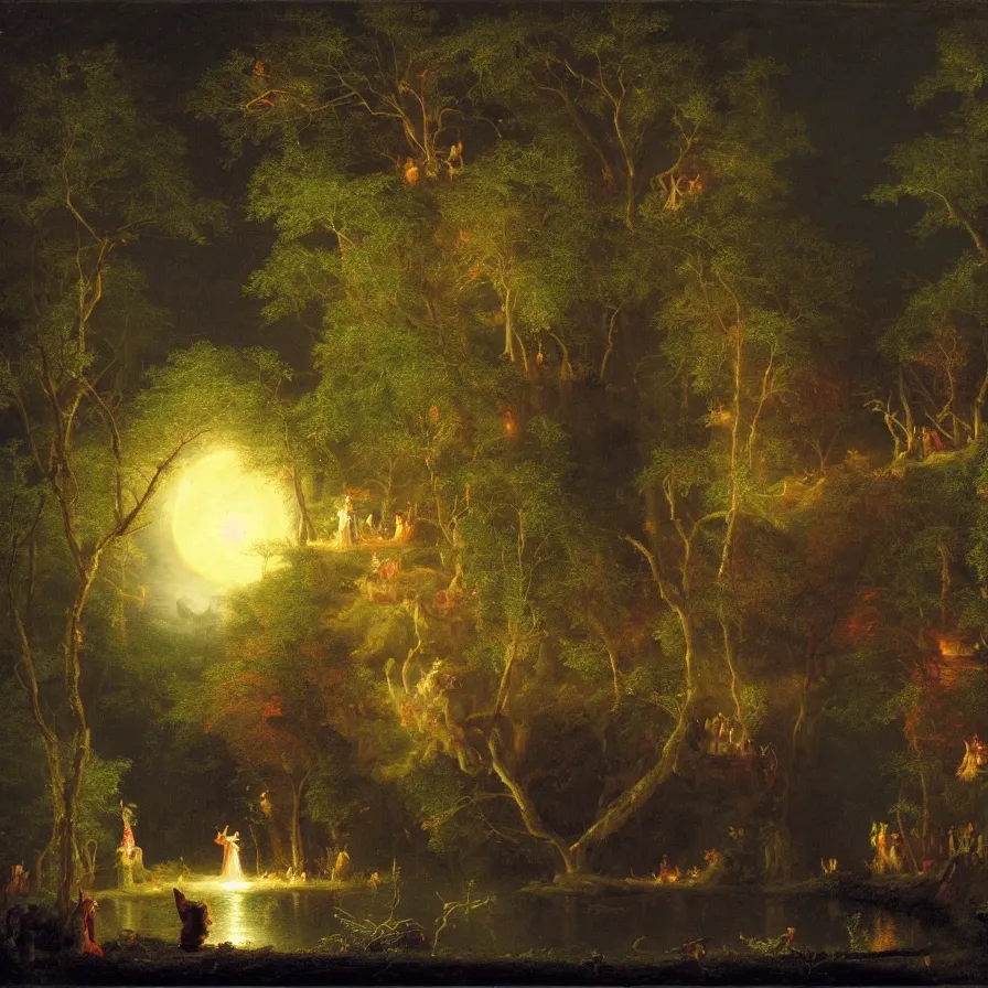 Image similar to a night carnival around a magical tree cavity with a rounded scenario with many fireworks and christmas lights, with a surreal orange moonlight, next to a lake with iridiscent water, volumetric lightning, folklore people disguised as fantastic creatures in a magical forest by summer night, masterpiece painted by thomas cole, scene by night, dark night environment, refraction lights, glares