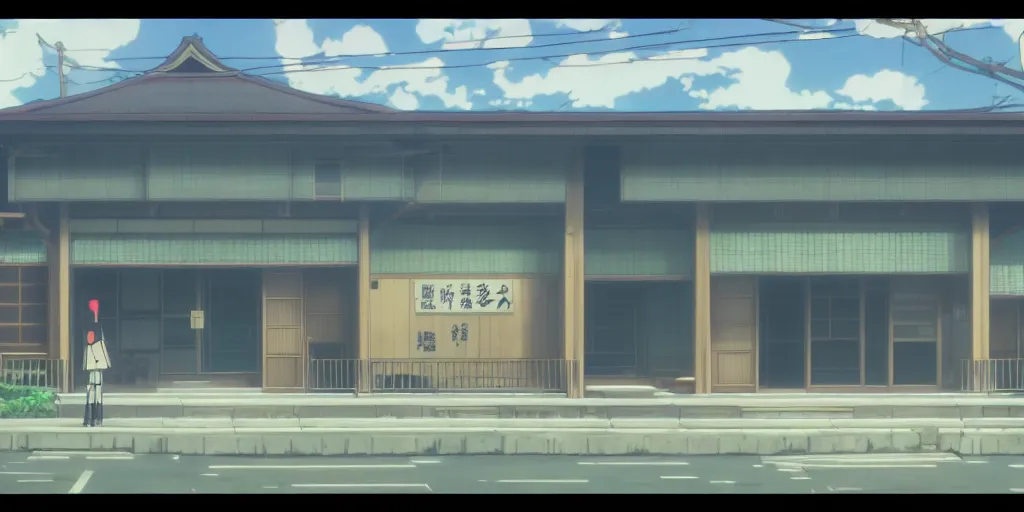 Image similar to close up front view of a japanese building facade with signs on it, a screenshot from the anime film by Makoto Shinkai