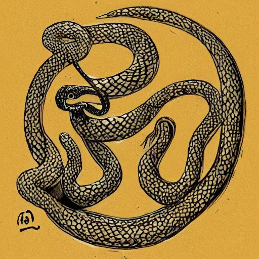 Prompt: a tao symbol made surrounded by a snake eating its own tail, fantasy drawing